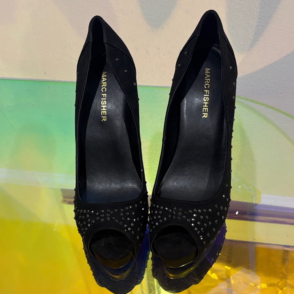 Marc Fisher Black Studded Peep-Toe Heels